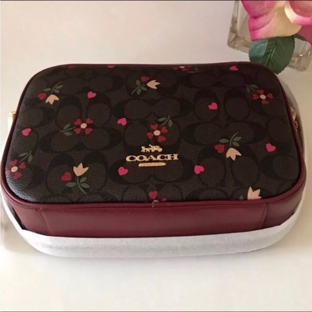Coach Jes Red Leather Crossbody In Signature Canvas With Heart Petal Print